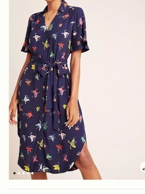 Maeve Anthropologie Flutterby Belted Midi Button up dress size S